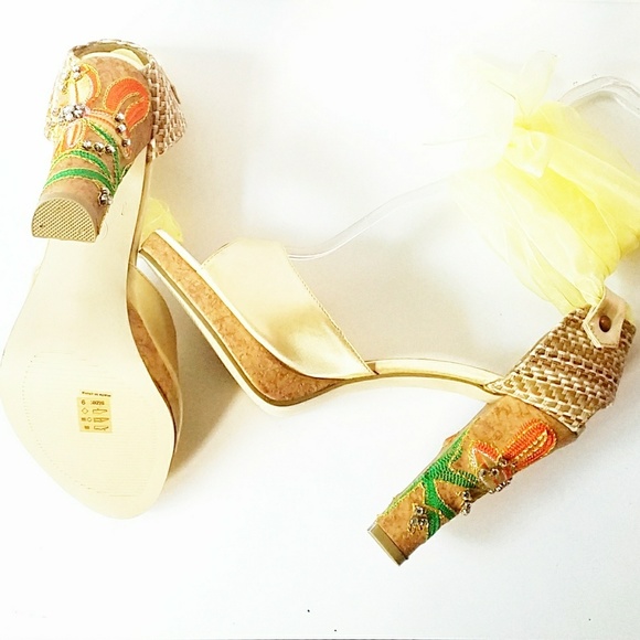 Satin Jeweled Flower Embellished Cork Heels - Picture 5 of 7